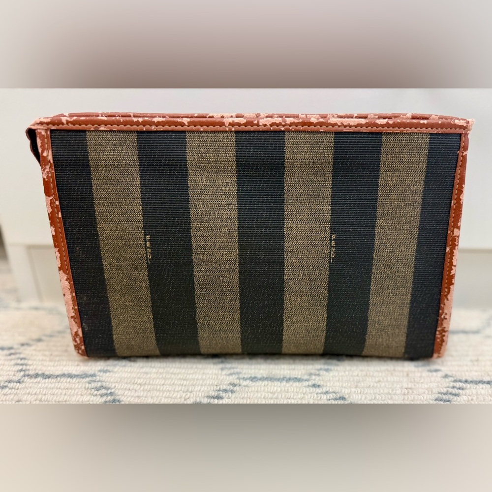 FENDI Vintage Classic Brown Canvas Leather Pequin Striped Logo Clutch Pouch - Picture 3 of 16